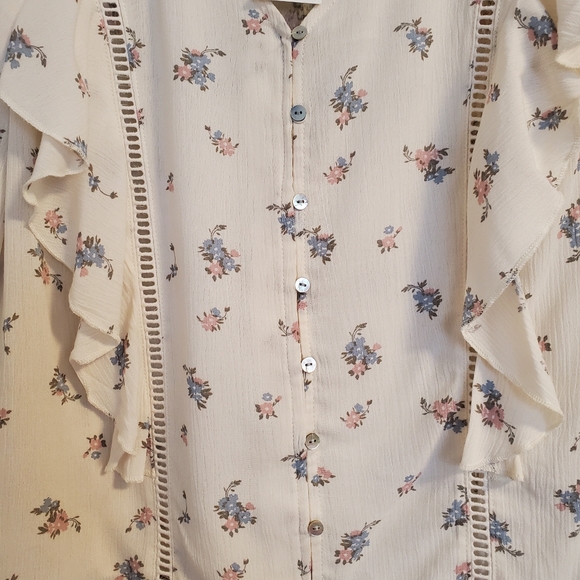 Planet Gold Shirt Women's Medium Ivory Chiffon Floral Long Sleeve Frill Shoulder - Picture 8 of 10